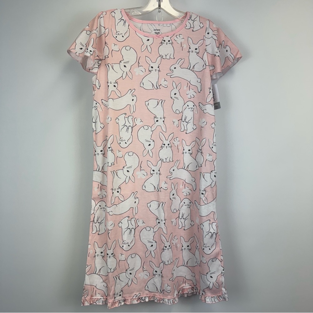 Carter's Nightgown Pajama Bunny Print Gray/Pink Girls Size 12-14 NWT‎